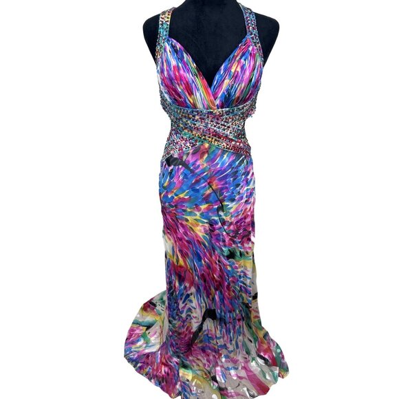 LaFemme Paris Sequin Prom Gown Women's 4 Flowy Silk Beaded Multicolor Open Sides - Picture 8 of 16